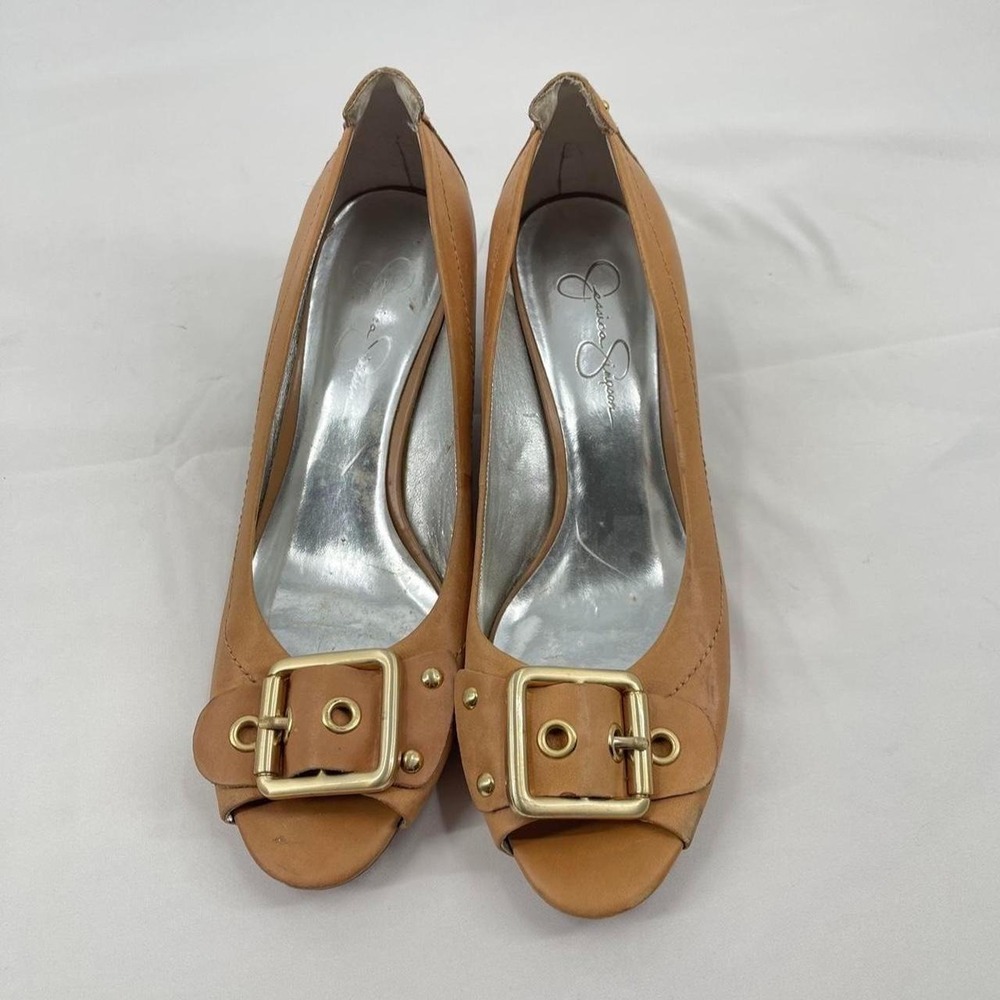 Vintage Y2K Wedge Kitten Heels 9.5 Buckle Leather Chic Preppy Glam Brown Office